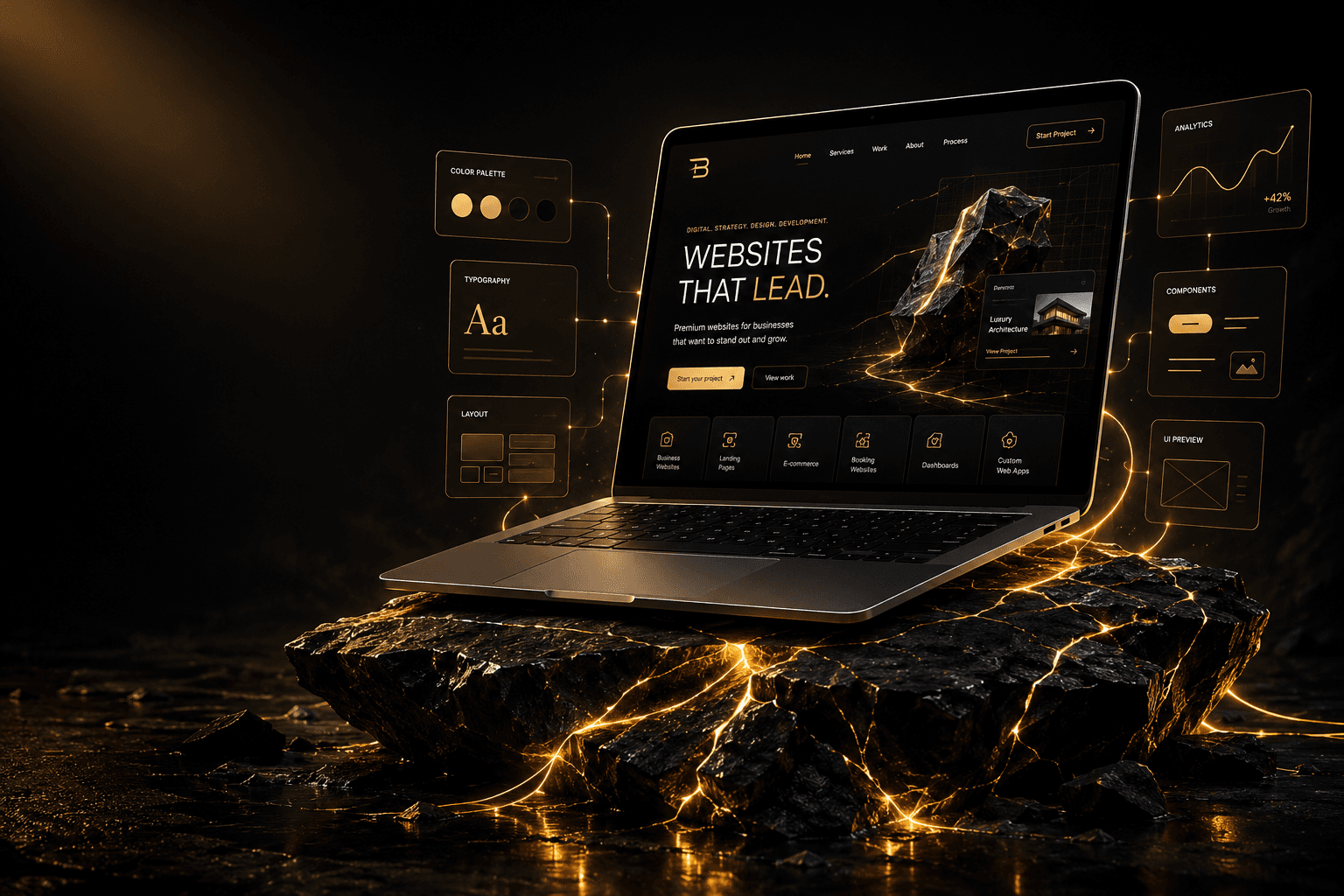 Brandak website experience displayed on a laptop over black obsidian and molten gold