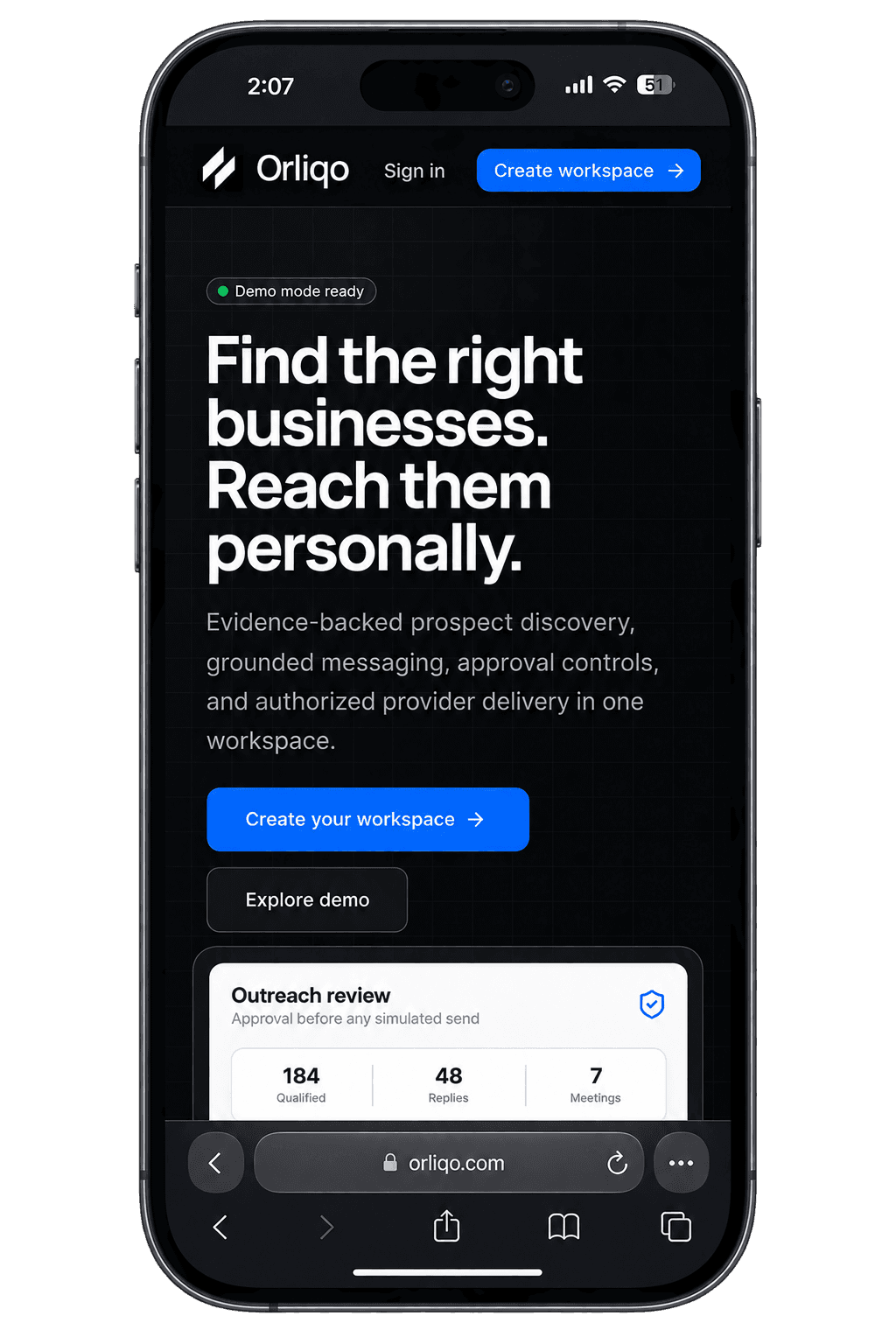 Orliqo website displayed on an iPhone